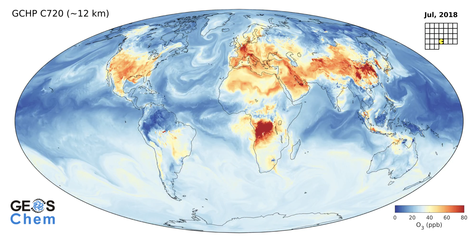 Snapshot of atmospheric ozone concentrations from a c720 GCHP model simulation
